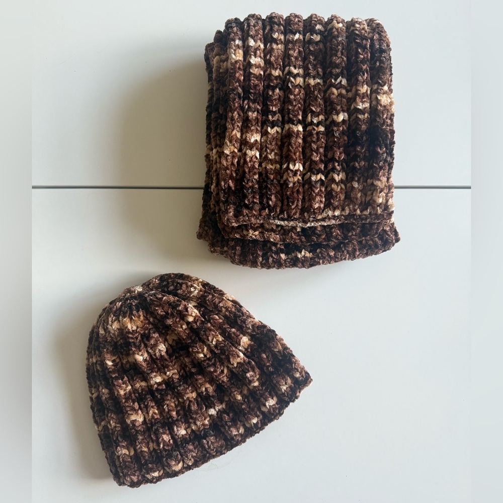 Hand Knit Brown and Tan Knit Hat and Scarf Set